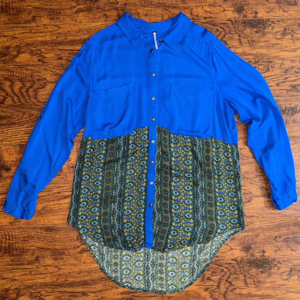 Free People Button Down Blouse Royal Blue Green Floral High-Low Long Sleeve Top